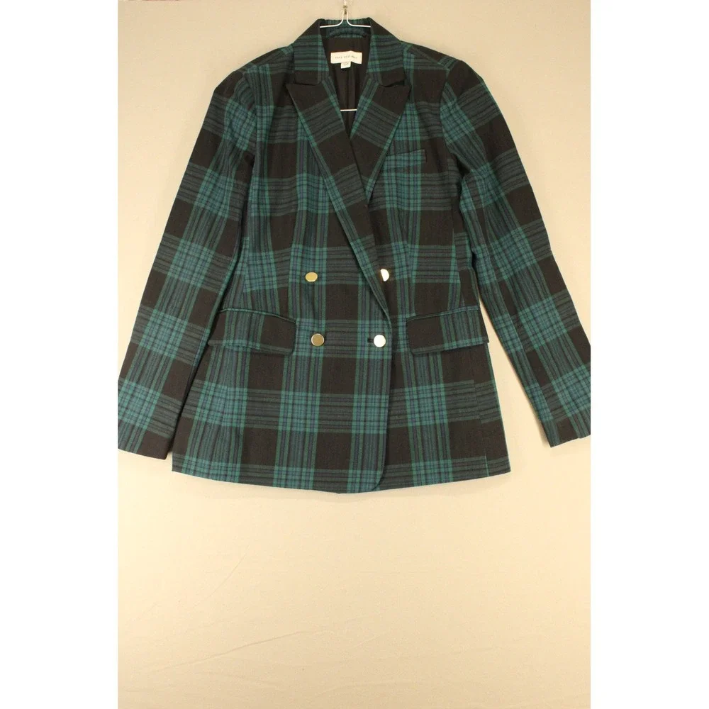 Free Assembly Women Green Black Plaid Double Breasted Blazer and Pants Suit Set